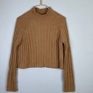 NWT American Eagle Tan Chenille Ribbed Knit Mock Neck Cropped Sweater